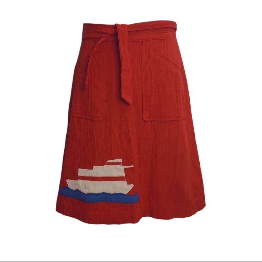 VINTAGE 70s red saiboat‎ coastal wrap skirt with pockets S